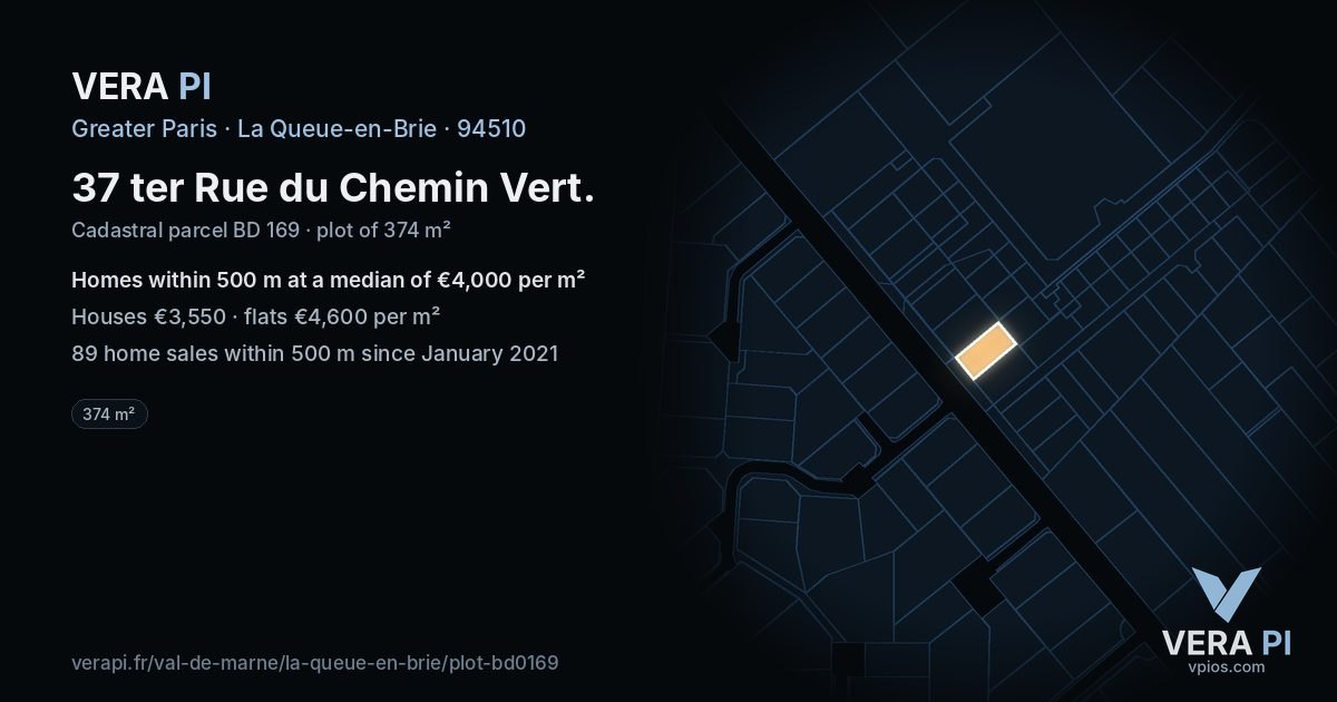 37 ter Rue du Chemin Vert, La Queue-en-Brie at night – the plot lit, the parcels around coloured by the prices near them