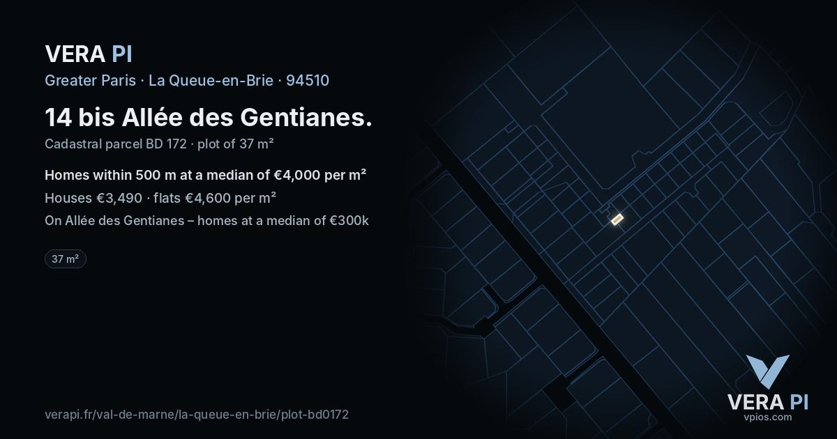 14 bis Allée des Gentianes, La Queue-en-Brie at night – the plot lit, the parcels around coloured by the prices near them