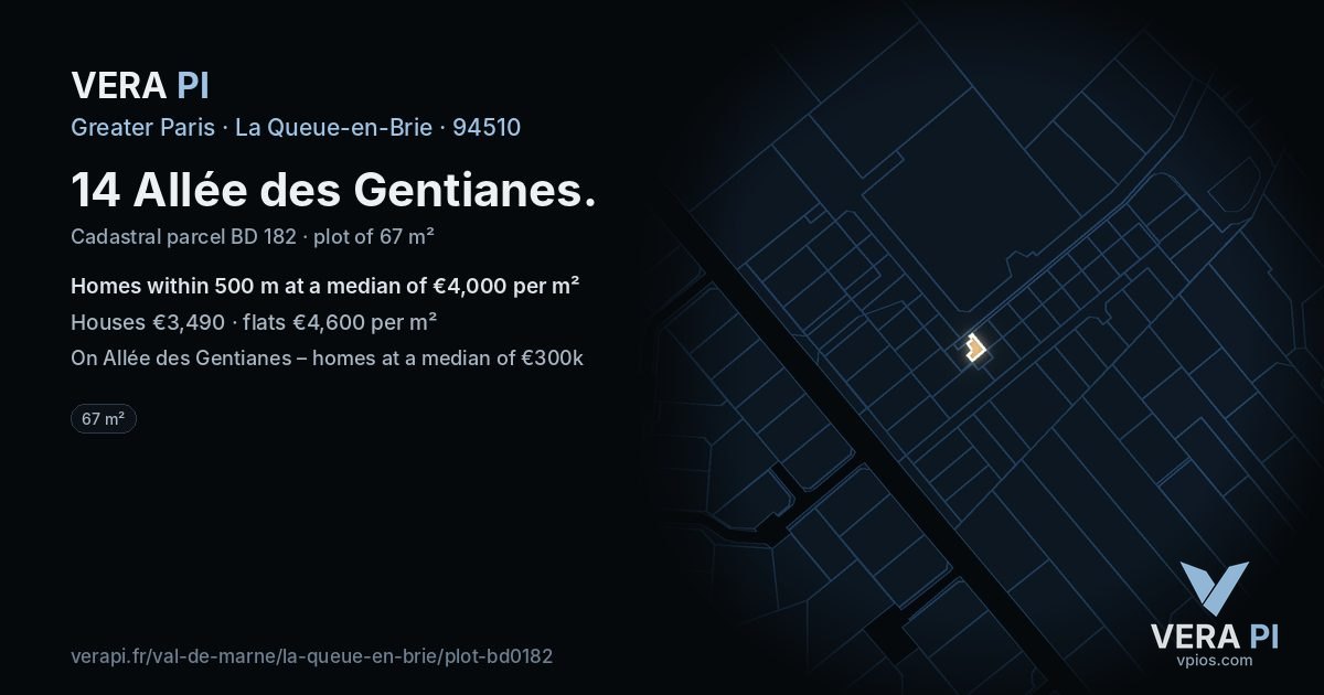 14 Allée des Gentianes, La Queue-en-Brie at night – the plot lit, the parcels around coloured by the prices near them