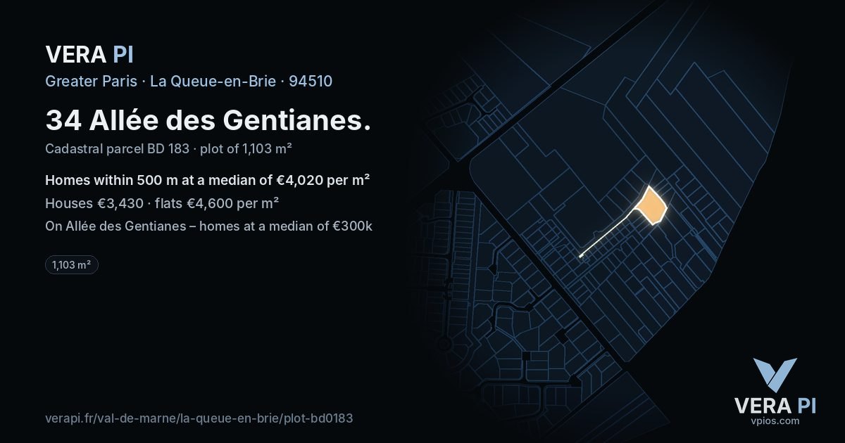 34 Allée des Gentianes, La Queue-en-Brie at night – the plot lit, the parcels around coloured by the prices near them