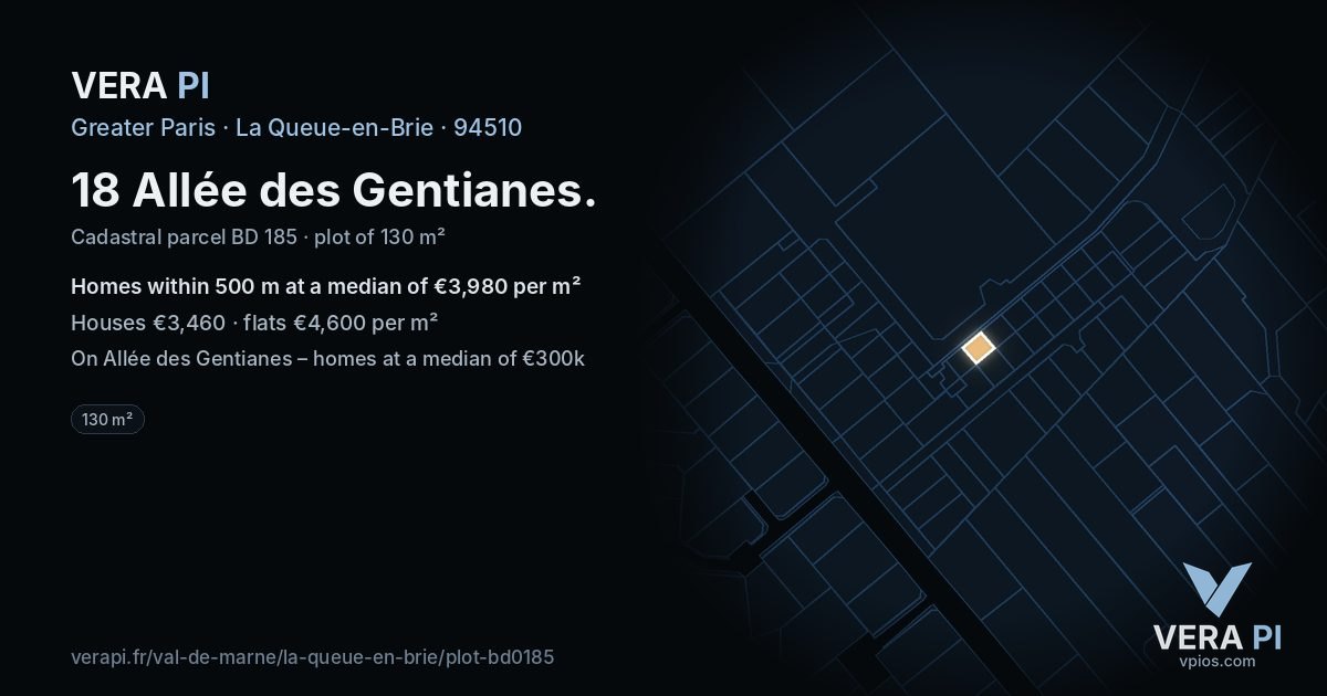 18 Allée des Gentianes, La Queue-en-Brie at night – the plot lit, the parcels around coloured by the prices near them