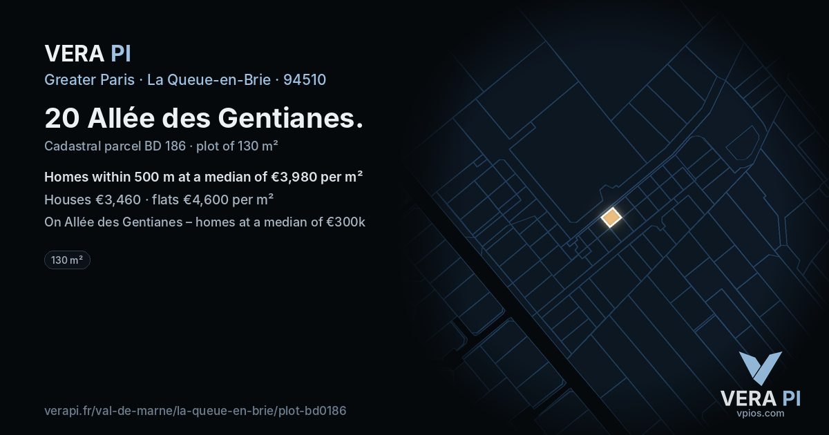20 Allée des Gentianes, La Queue-en-Brie at night – the plot lit, the parcels around coloured by the prices near them