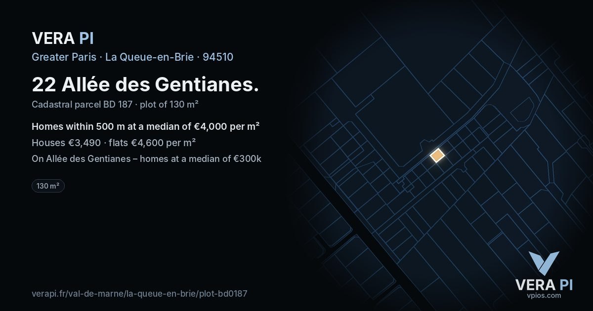 22 Allée des Gentianes, La Queue-en-Brie at night – the plot lit, the parcels around coloured by the prices near them