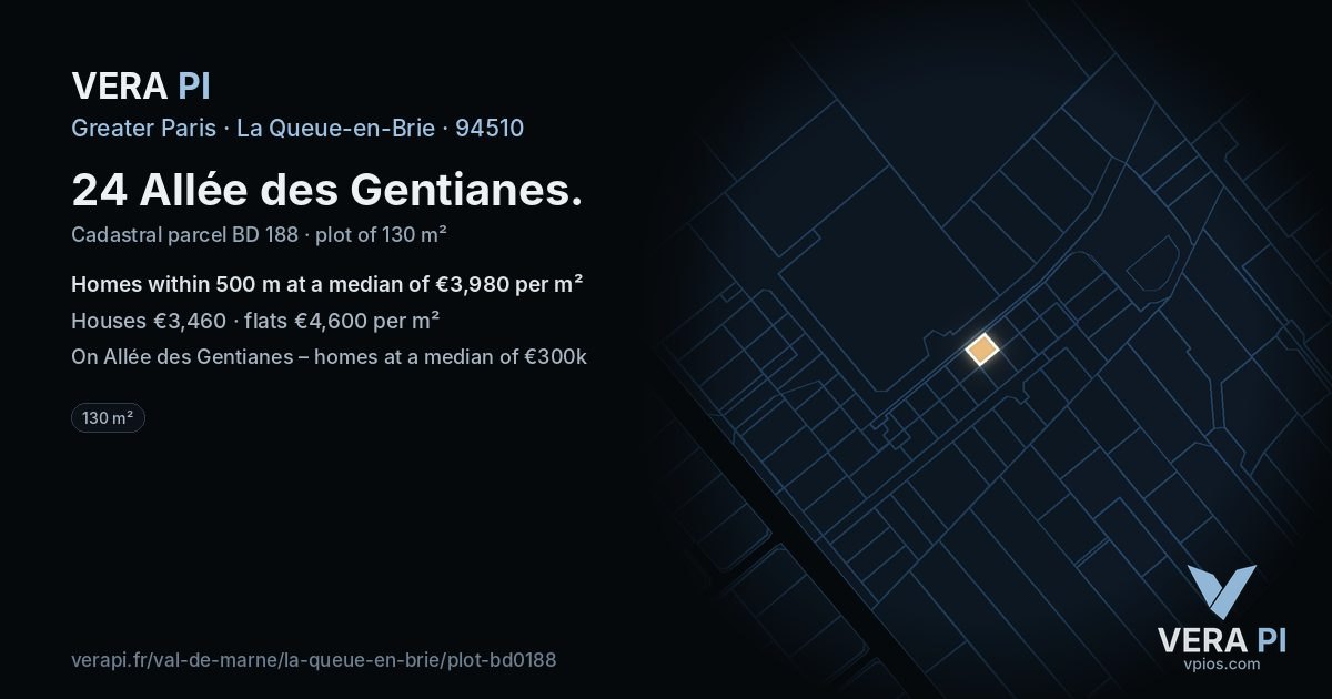 24 Allée des Gentianes, La Queue-en-Brie at night – the plot lit, the parcels around coloured by the prices near them