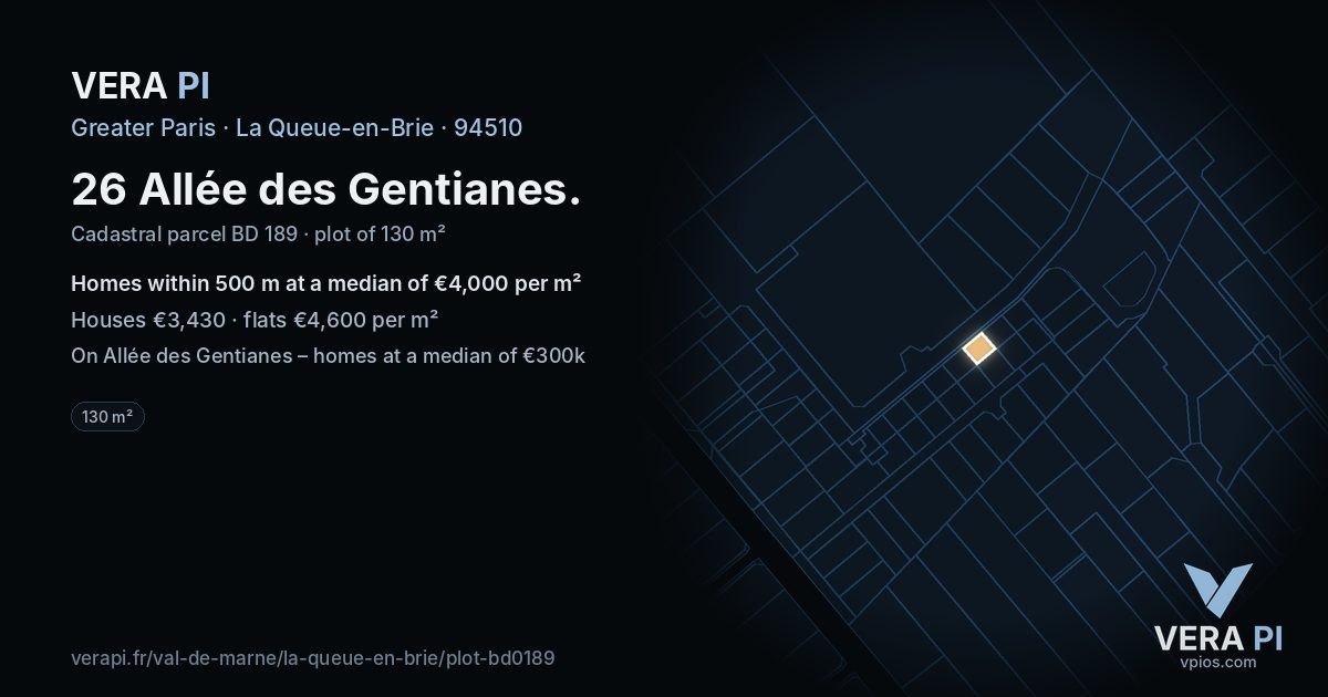 26 Allée des Gentianes, La Queue-en-Brie at night – the plot lit, the parcels around coloured by the prices near them