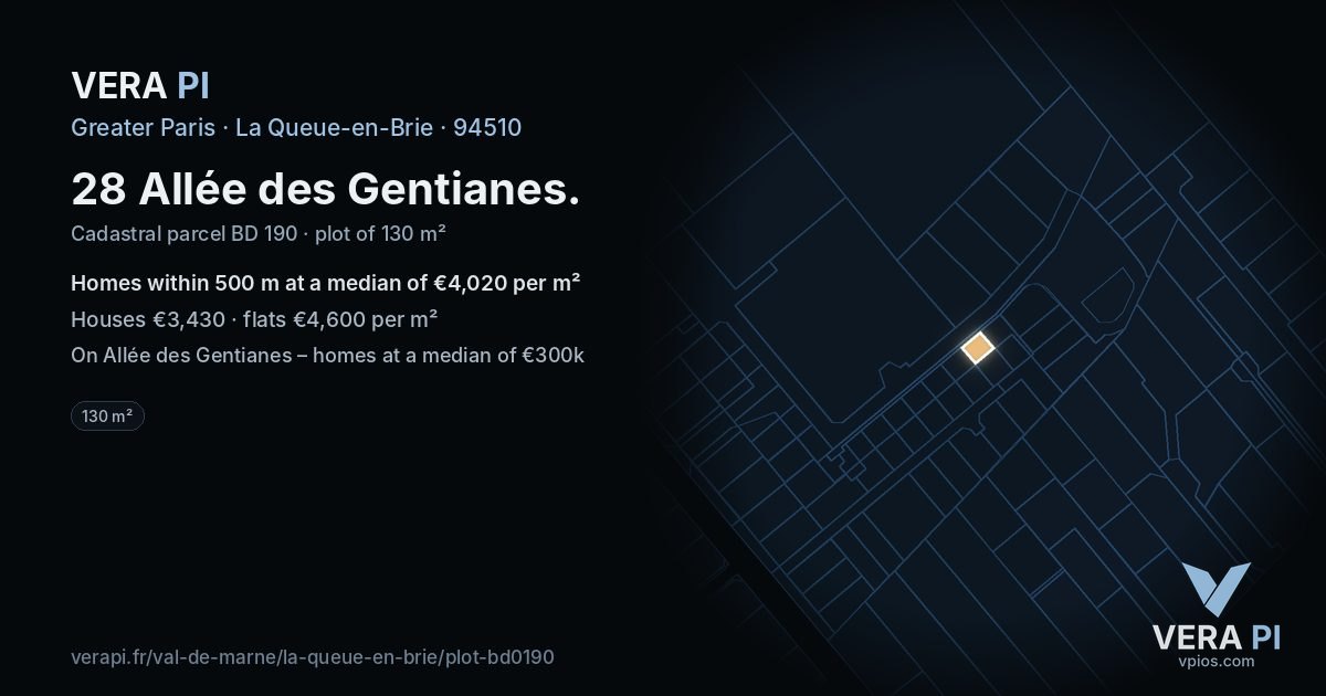 28 Allée des Gentianes, La Queue-en-Brie at night – the plot lit, the parcels around coloured by the prices near them
