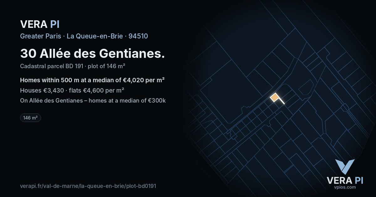 30 Allée des Gentianes, La Queue-en-Brie at night – the plot lit, the parcels around coloured by the prices near them