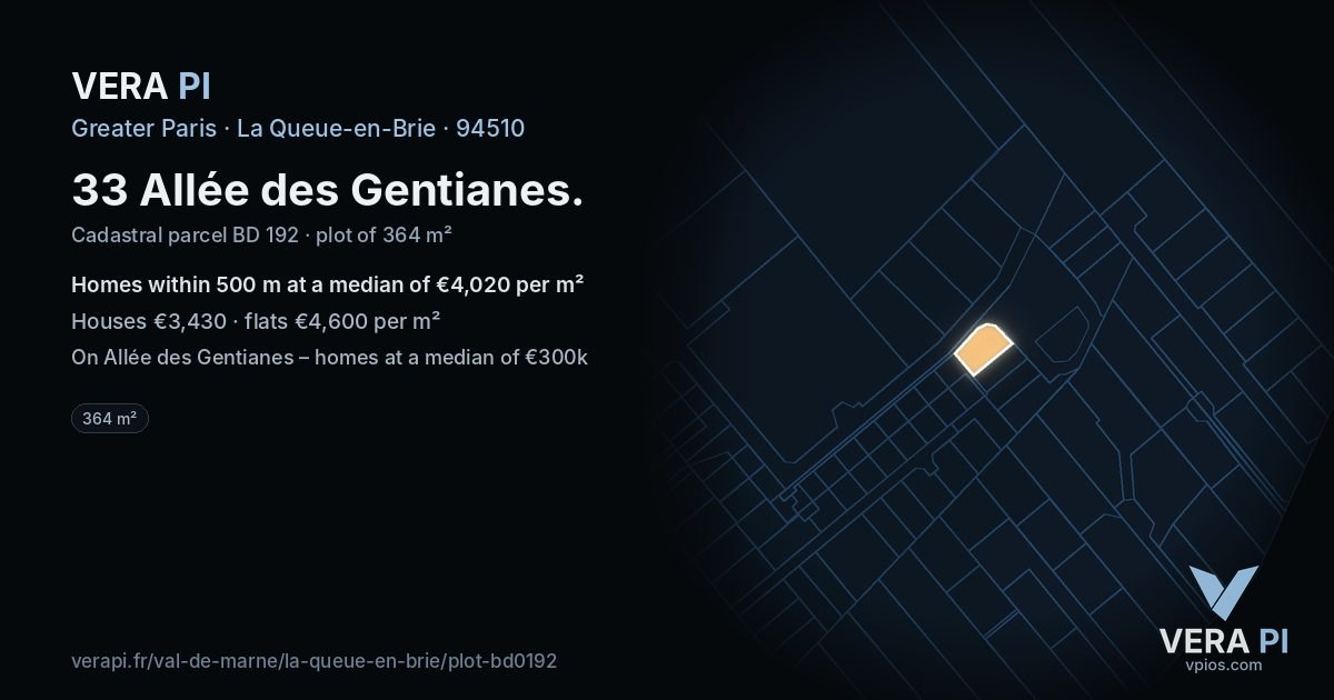 33 Allée des Gentianes, La Queue-en-Brie at night – the plot lit, the parcels around coloured by the prices near them