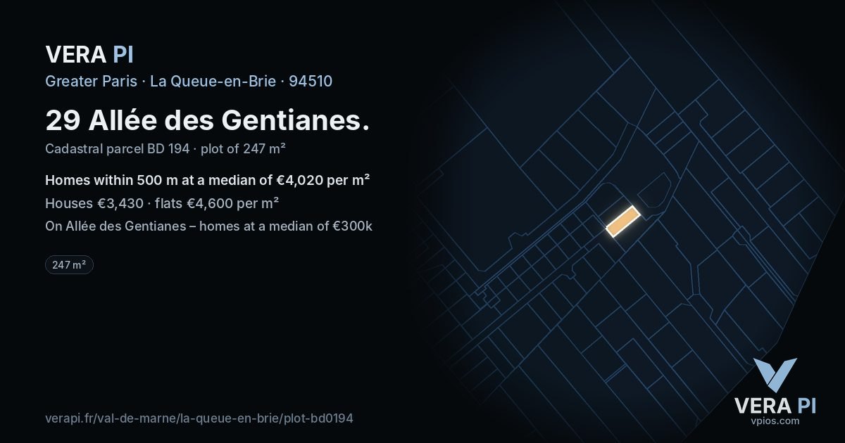 29 Allée des Gentianes, La Queue-en-Brie at night – the plot lit, the parcels around coloured by the prices near them