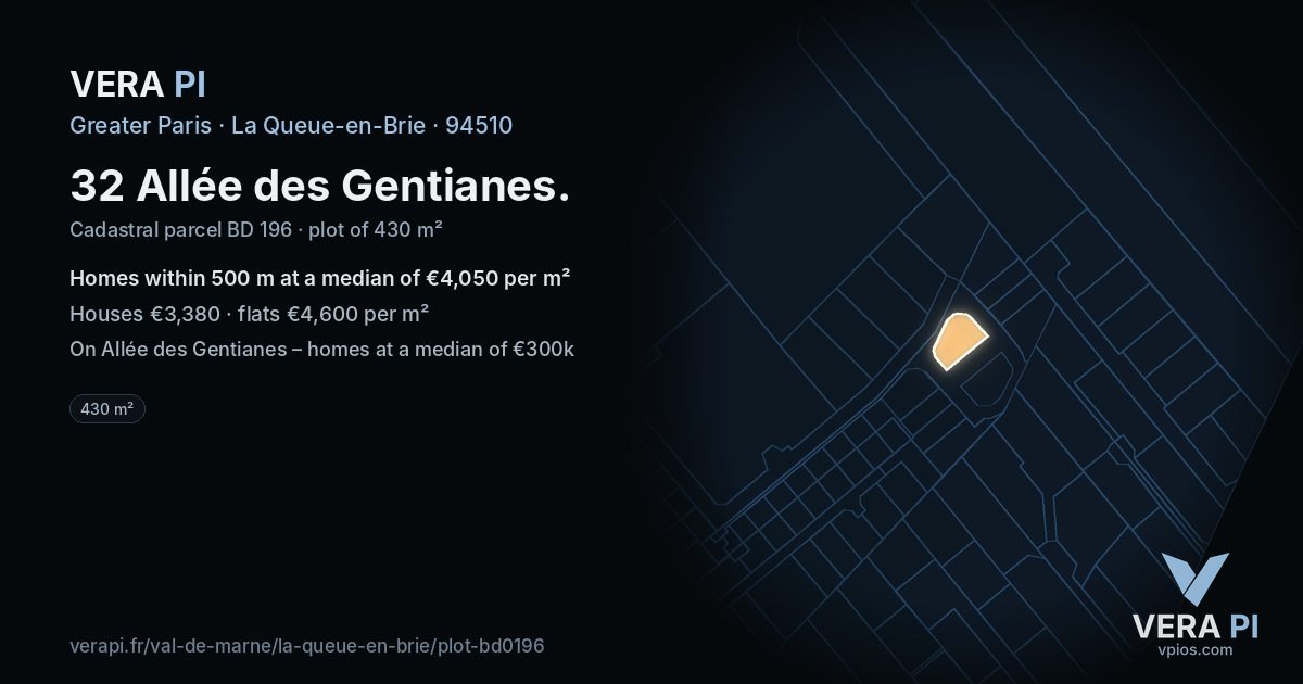 32 Allée des Gentianes, La Queue-en-Brie at night – the plot lit, the parcels around coloured by the prices near them