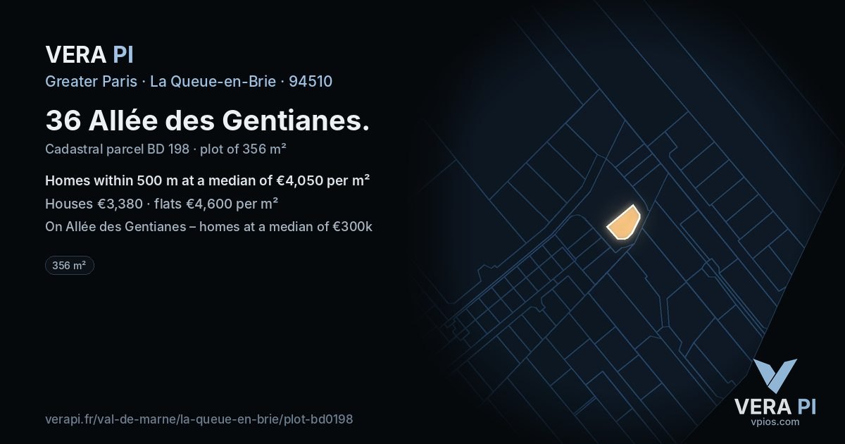 36 Allée des Gentianes, La Queue-en-Brie at night – the plot lit, the parcels around coloured by the prices near them
