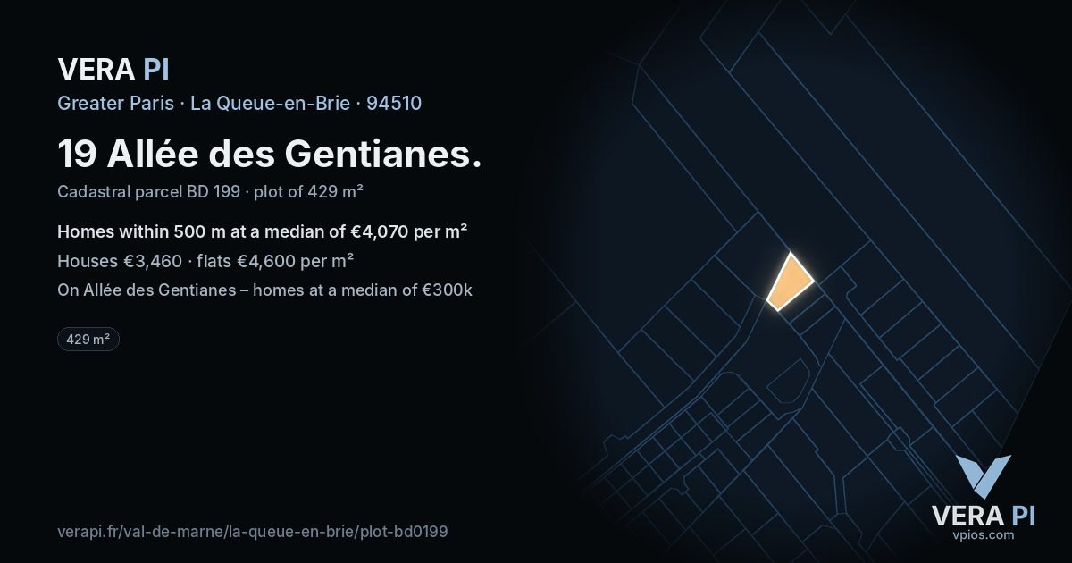19 Allée des Gentianes, La Queue-en-Brie at night – the plot lit, the parcels around coloured by the prices near them