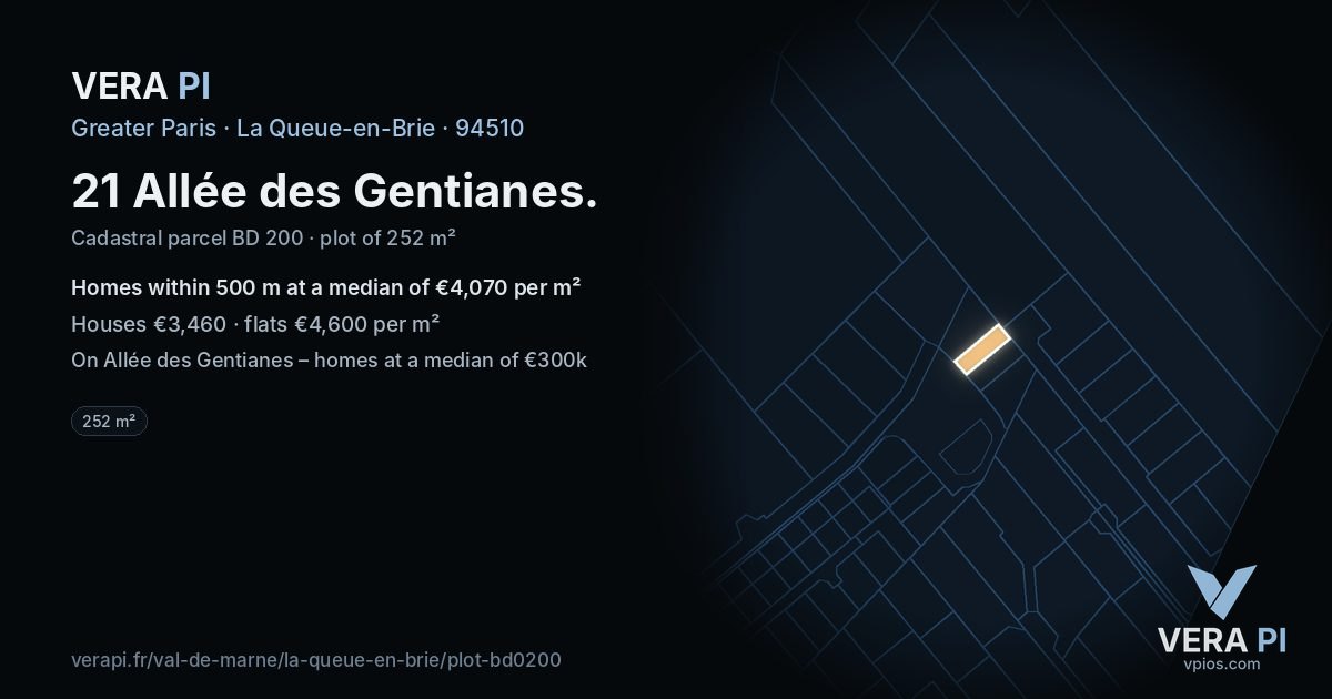 21 Allée des Gentianes, La Queue-en-Brie at night – the plot lit, the parcels around coloured by the prices near them