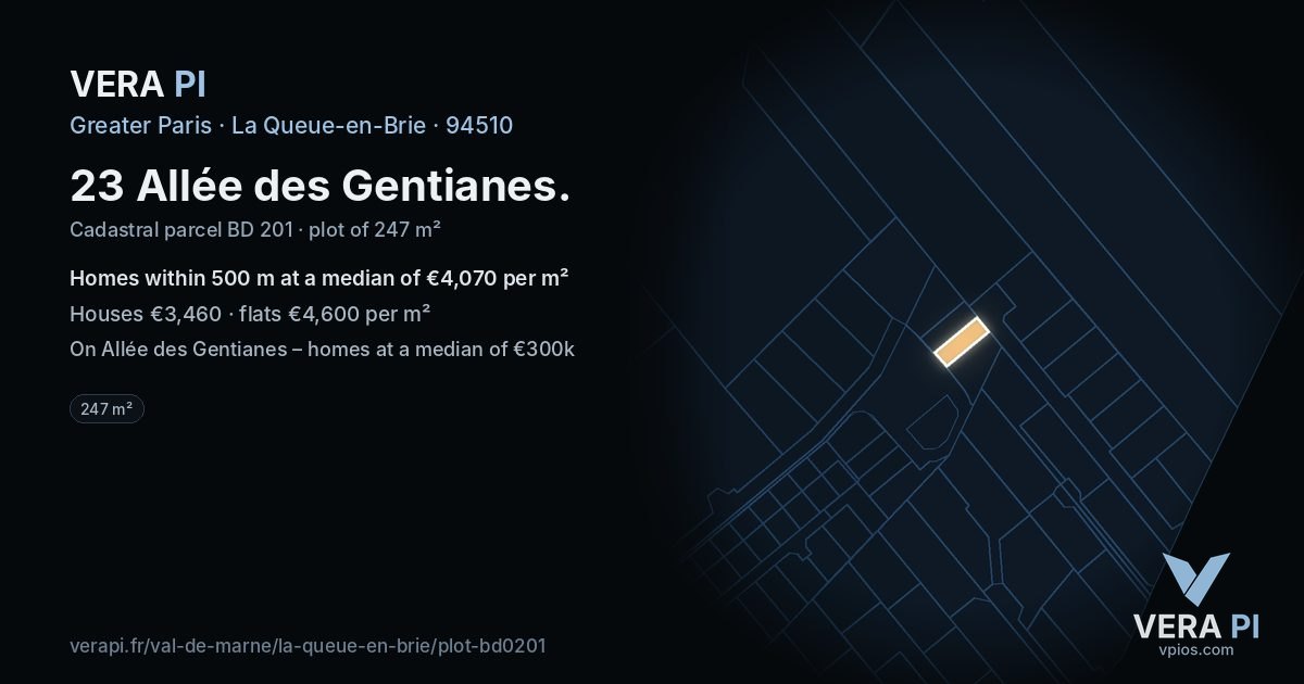 23 Allée des Gentianes, La Queue-en-Brie at night – the plot lit, the parcels around coloured by the prices near them