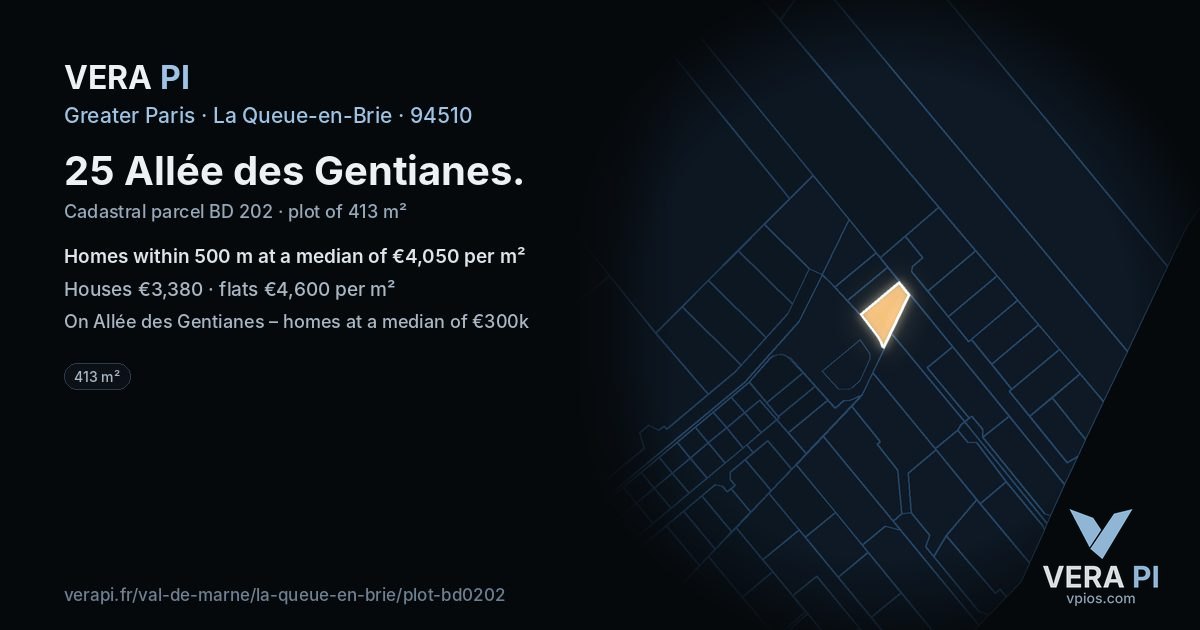 25 Allée des Gentianes, La Queue-en-Brie at night – the plot lit, the parcels around coloured by the prices near them
