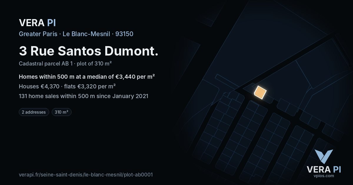 3 Rue Santos Dumont, Le Blanc-Mesnil at night – the plot lit, the parcels around coloured by the prices near them