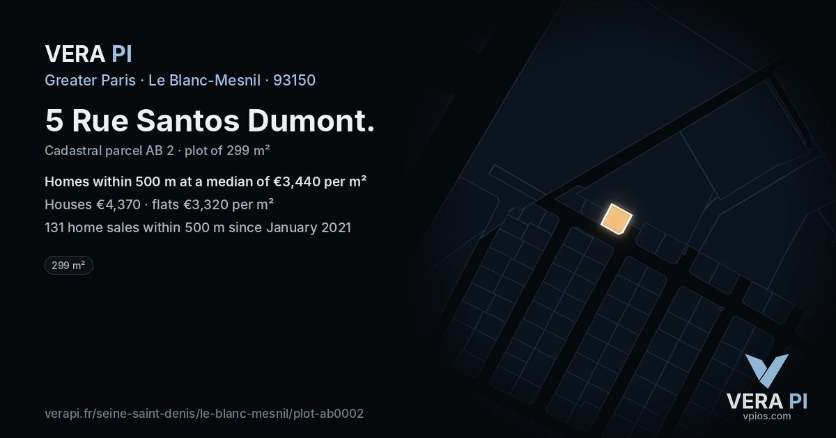 5 Rue Santos Dumont, Le Blanc-Mesnil at night – the plot lit, the parcels around coloured by the prices near them