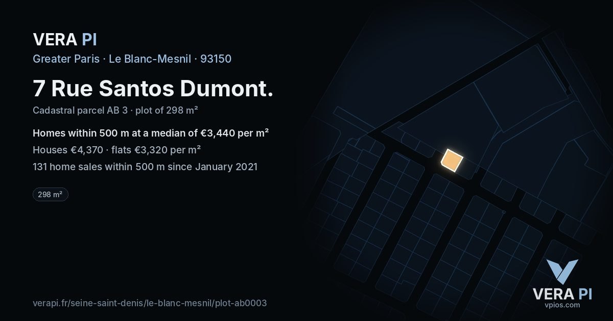 7 Rue Santos Dumont, Le Blanc-Mesnil at night – the plot lit, the parcels around coloured by the prices near them