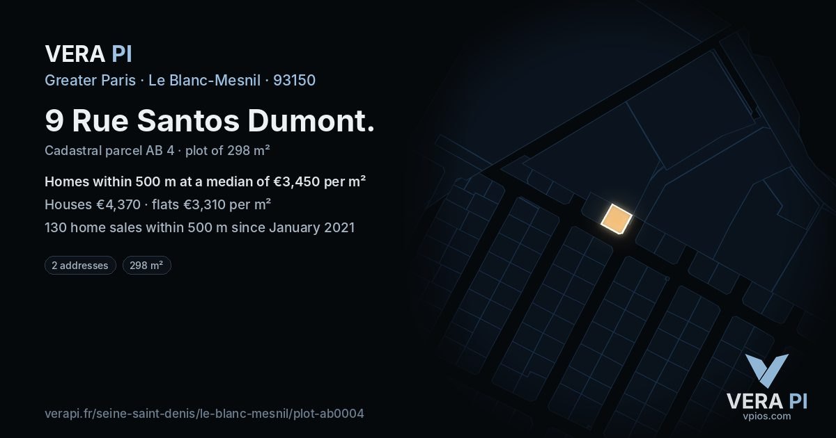 9 Rue Santos Dumont, Le Blanc-Mesnil at night – the plot lit, the parcels around coloured by the prices near them