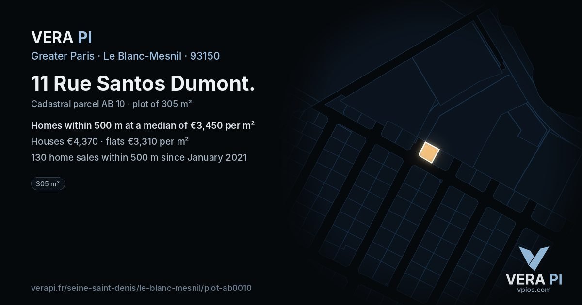 11 Rue Santos Dumont, Le Blanc-Mesnil at night – the plot lit, the parcels around coloured by the prices near them