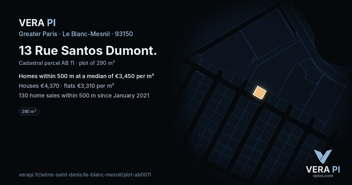 13 Rue Santos Dumont, Le Blanc-Mesnil at night – the plot lit, the parcels around coloured by the prices near them