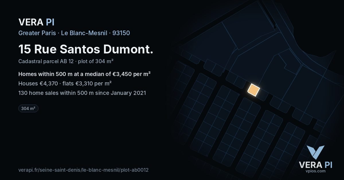 15 Rue Santos Dumont, Le Blanc-Mesnil at night – the plot lit, the parcels around coloured by the prices near them