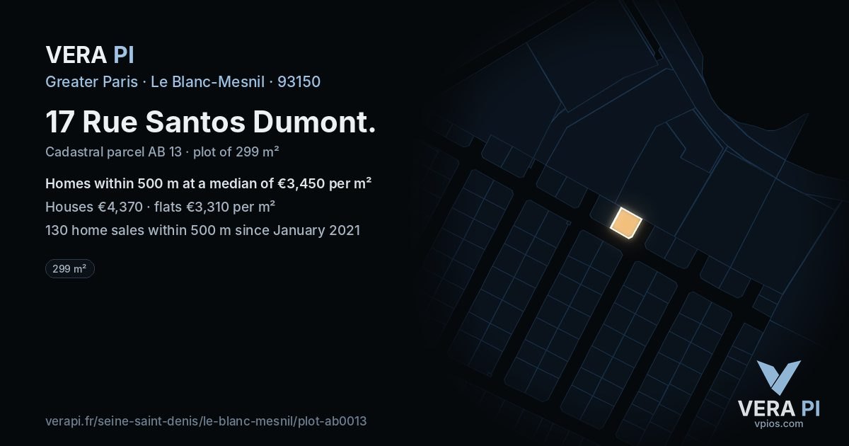 17 Rue Santos Dumont, Le Blanc-Mesnil at night – the plot lit, the parcels around coloured by the prices near them