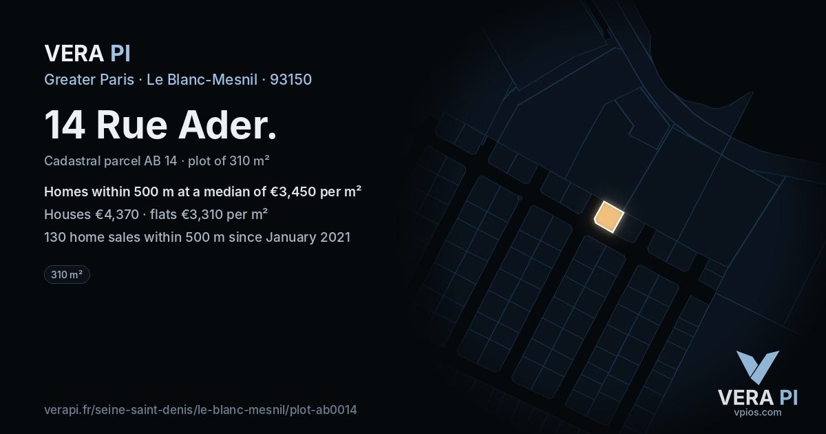14 Rue Ader, Le Blanc-Mesnil at night – the plot lit, the parcels around coloured by the prices near them