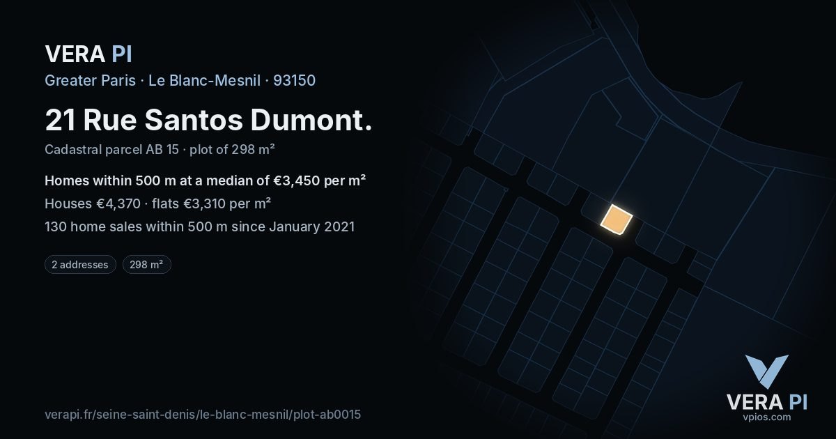 21 Rue Santos Dumont, Le Blanc-Mesnil at night – the plot lit, the parcels around coloured by the prices near them