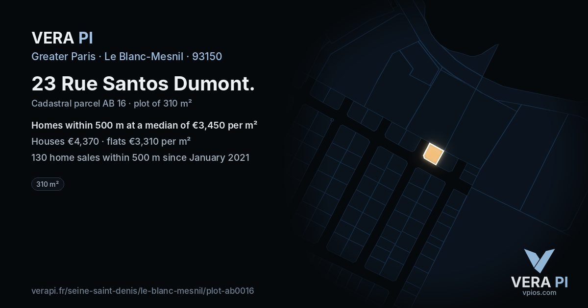 23 Rue Santos Dumont, Le Blanc-Mesnil at night – the plot lit, the parcels around coloured by the prices near them