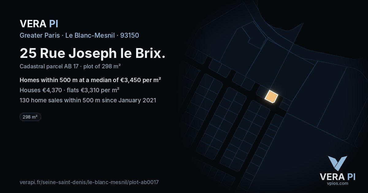 25 Rue Joseph le Brix, Le Blanc-Mesnil at night – the plot lit, the parcels around coloured by the prices near them