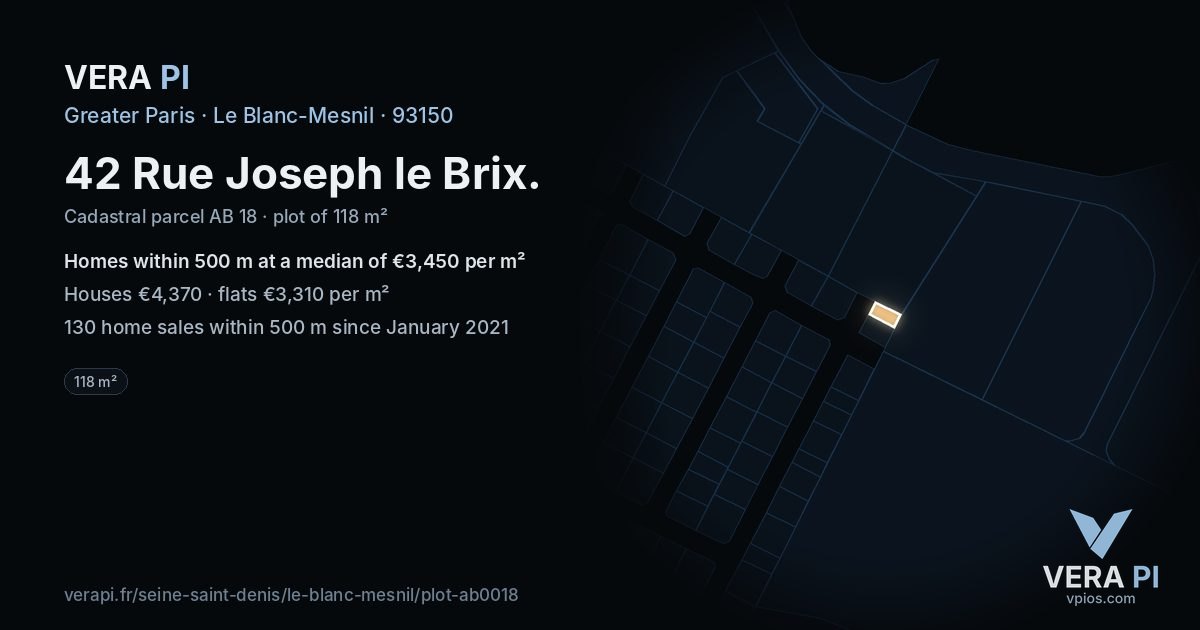 42 Rue Joseph le Brix, Le Blanc-Mesnil at night – the plot lit, the parcels around coloured by the prices near them