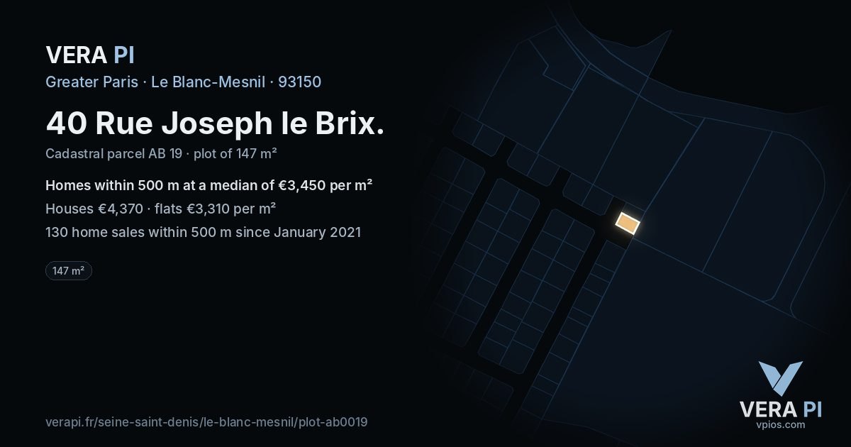40 Rue Joseph le Brix, Le Blanc-Mesnil at night – the plot lit, the parcels around coloured by the prices near them