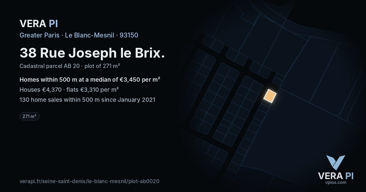 38 Rue Joseph le Brix, Le Blanc-Mesnil at night – the plot lit, the parcels around coloured by the prices near them