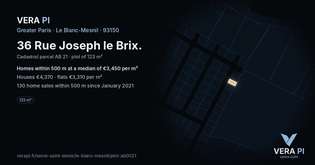 36 Rue Joseph le Brix, Le Blanc-Mesnil at night – the plot lit, the parcels around coloured by the prices near them