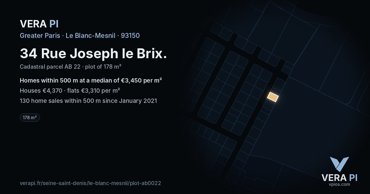 34 Rue Joseph le Brix, Le Blanc-Mesnil at night – the plot lit, the parcels around coloured by the prices near them