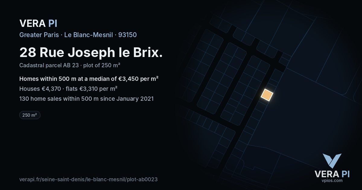 28 Rue Joseph le Brix, Le Blanc-Mesnil at night – the plot lit, the parcels around coloured by the prices near them
