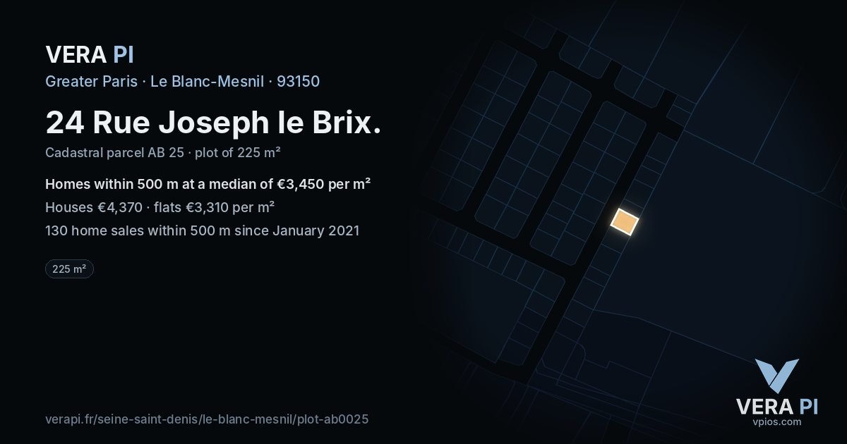24 Rue Joseph le Brix, Le Blanc-Mesnil at night – the plot lit, the parcels around coloured by the prices near them
