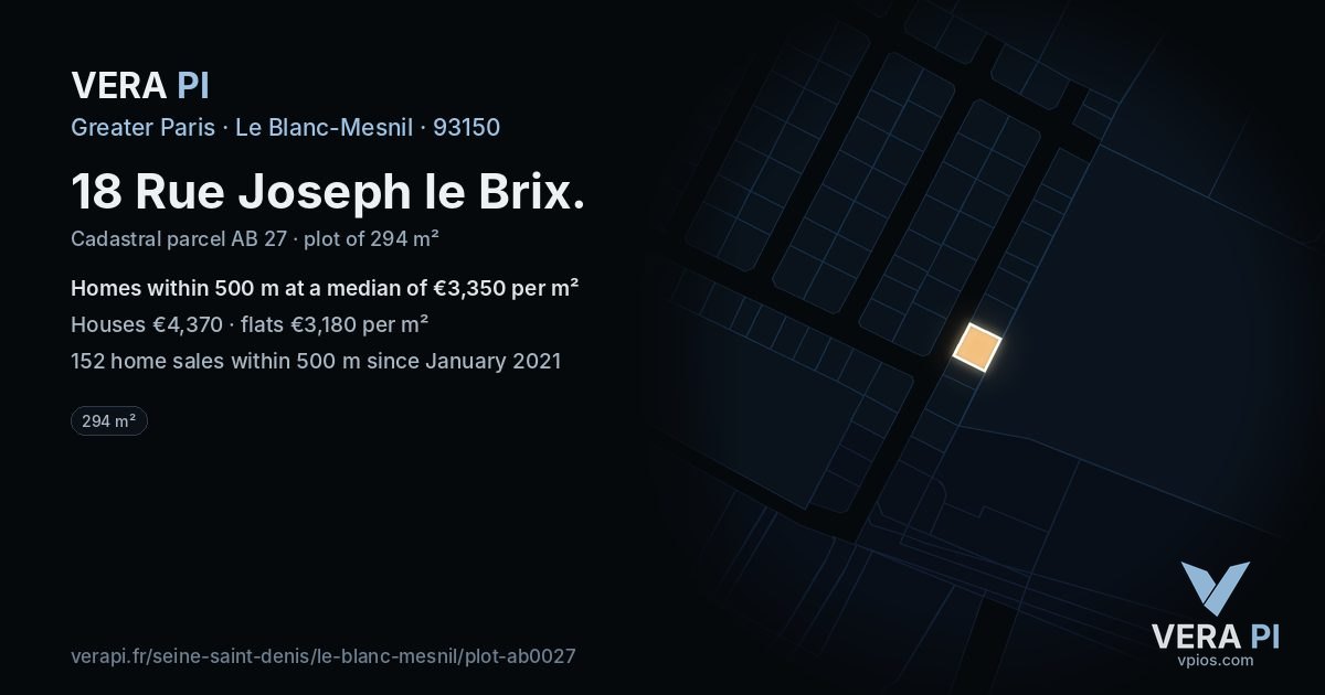 18 Rue Joseph le Brix, Le Blanc-Mesnil at night – the plot lit, the parcels around coloured by the prices near them