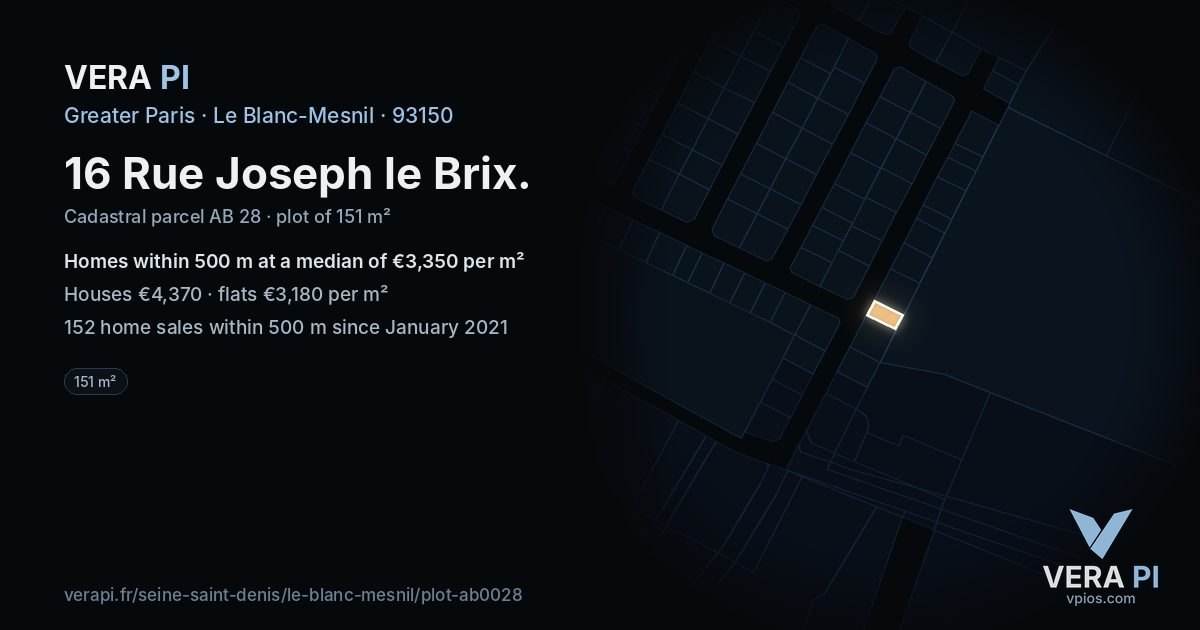 16 Rue Joseph le Brix, Le Blanc-Mesnil at night – the plot lit, the parcels around coloured by the prices near them