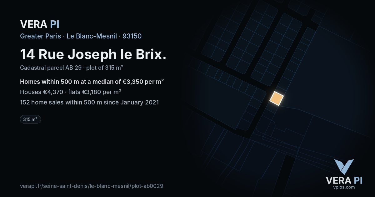 14 Rue Joseph le Brix, Le Blanc-Mesnil at night – the plot lit, the parcels around coloured by the prices near them