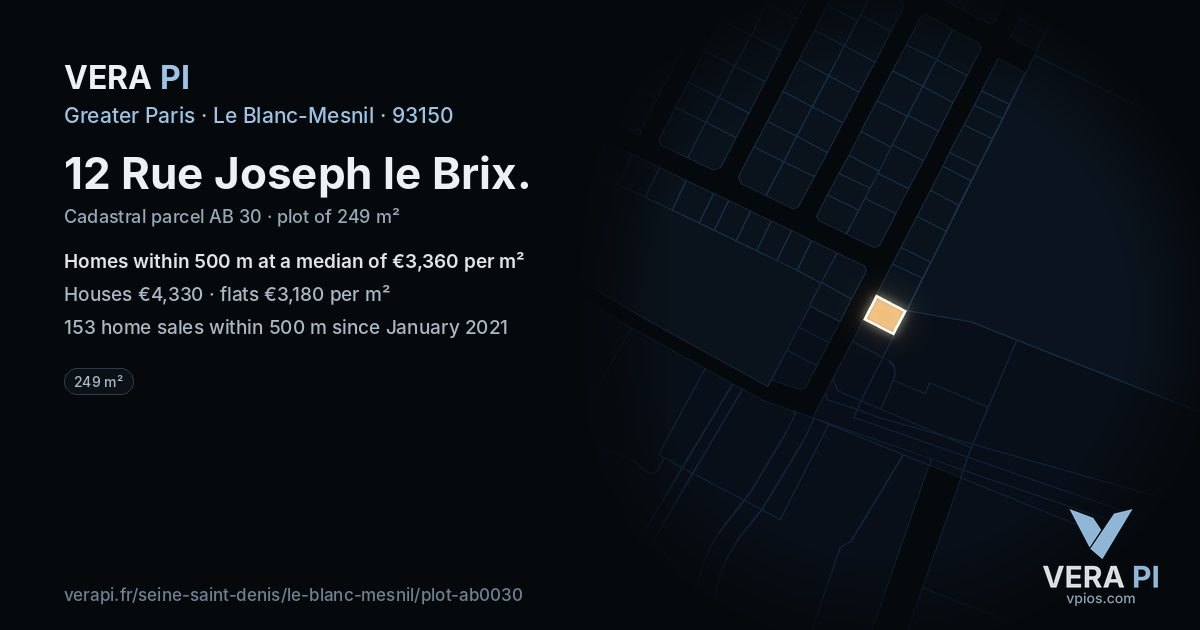12 Rue Joseph le Brix, Le Blanc-Mesnil at night – the plot lit, the parcels around coloured by the prices near them