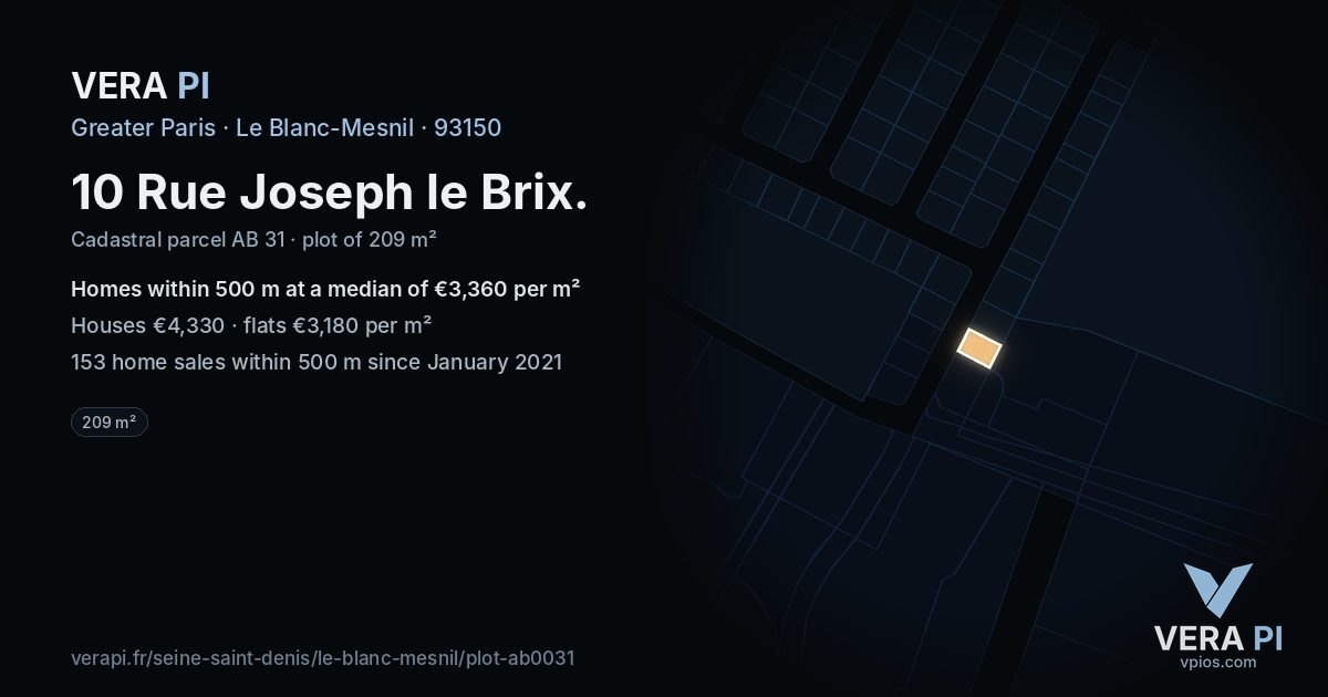 10 Rue Joseph le Brix, Le Blanc-Mesnil at night – the plot lit, the parcels around coloured by the prices near them