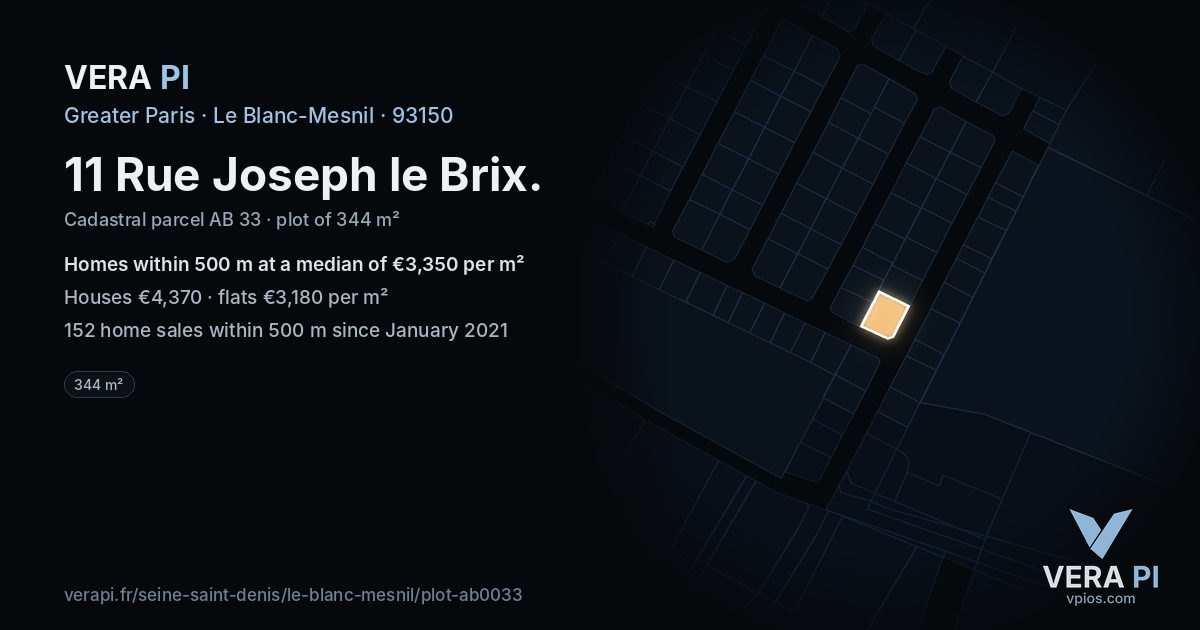 11 Rue Joseph le Brix, Le Blanc-Mesnil at night – the plot lit, the parcels around coloured by the prices near them