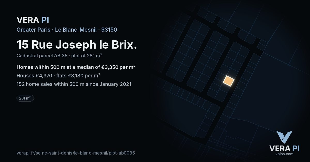 15 Rue Joseph le Brix, Le Blanc-Mesnil at night – the plot lit, the parcels around coloured by the prices near them