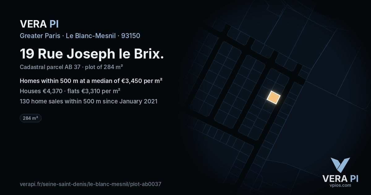 19 Rue Joseph le Brix, Le Blanc-Mesnil at night – the plot lit, the parcels around coloured by the prices near them