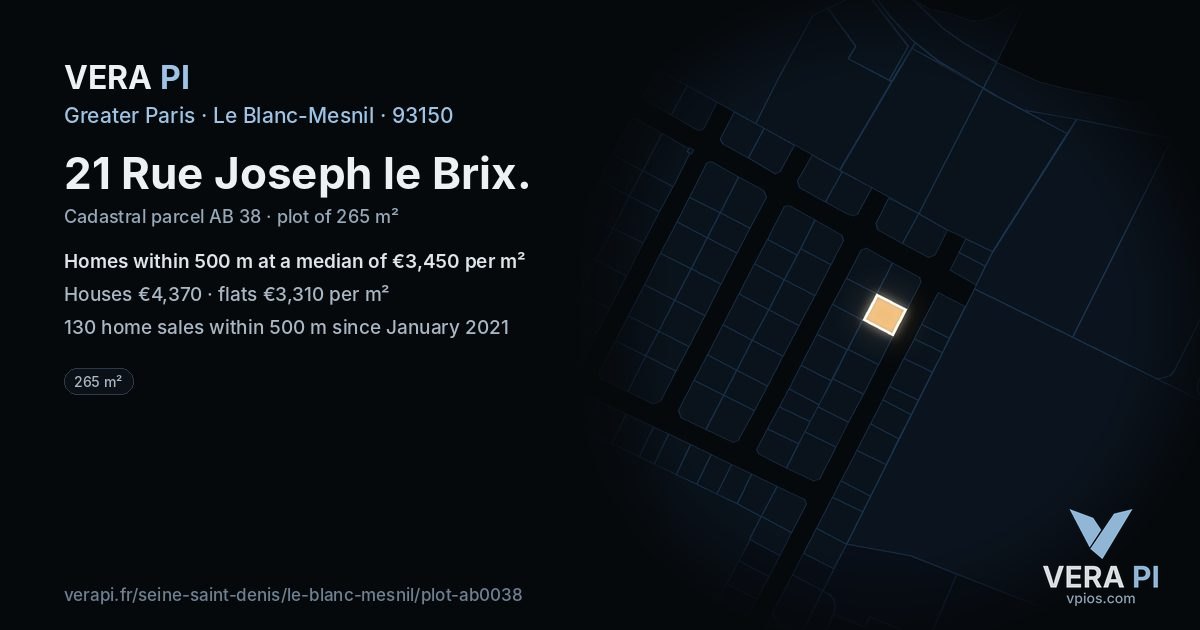 21 Rue Joseph le Brix, Le Blanc-Mesnil at night – the plot lit, the parcels around coloured by the prices near them
