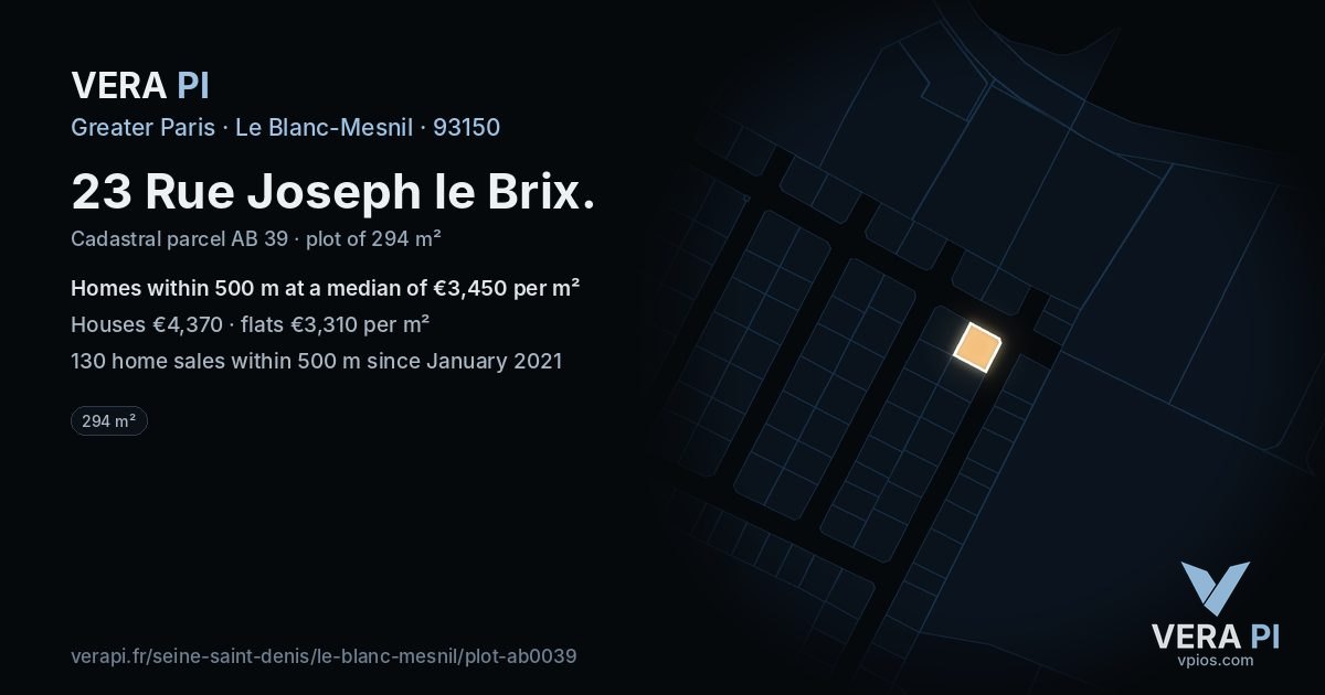 23 Rue Joseph le Brix, Le Blanc-Mesnil at night – the plot lit, the parcels around coloured by the prices near them