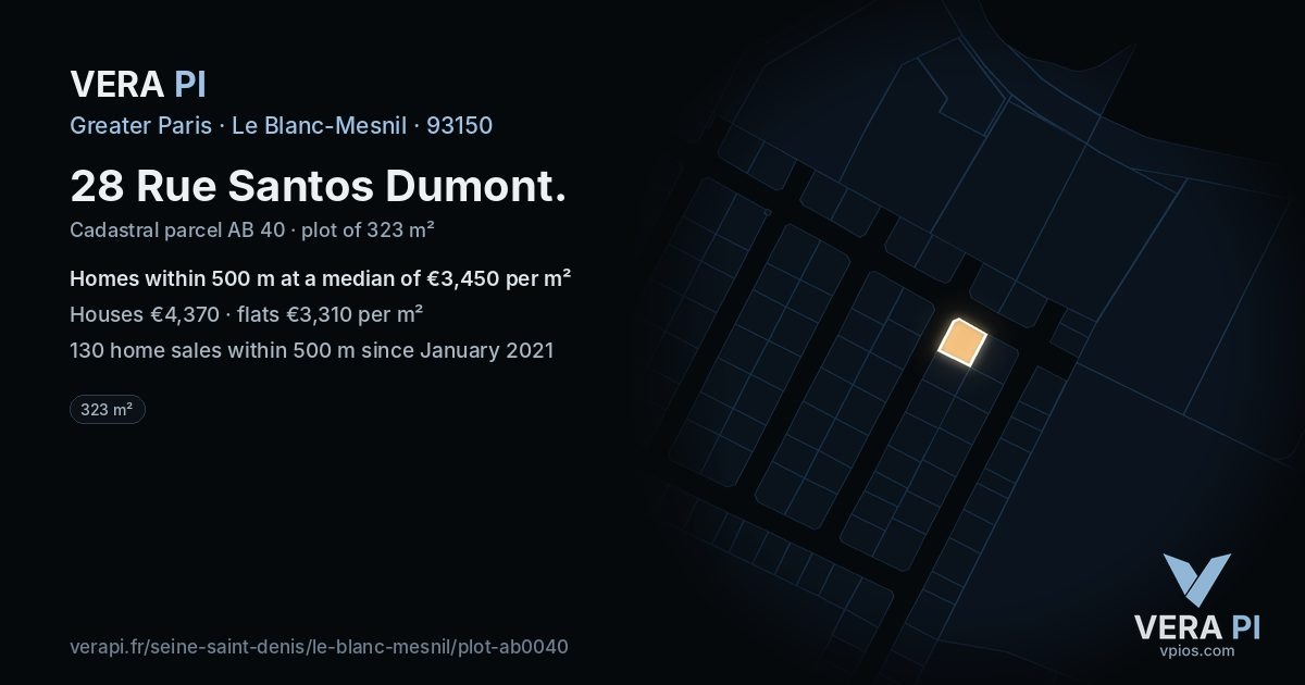 28 Rue Santos Dumont, Le Blanc-Mesnil at night – the plot lit, the parcels around coloured by the prices near them
