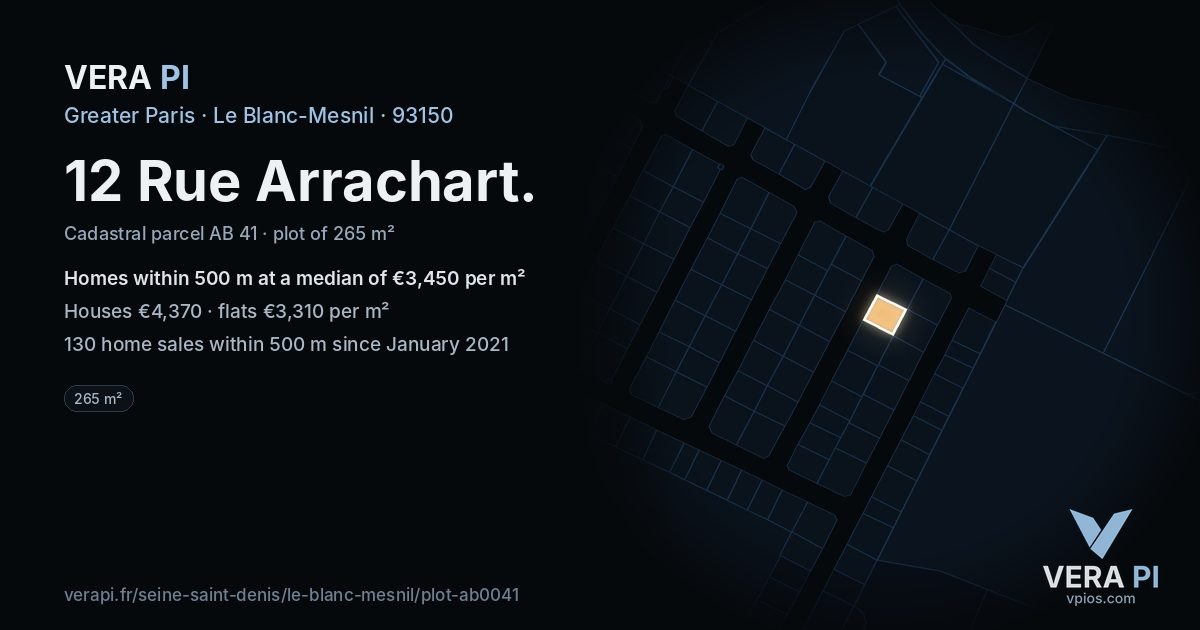 12 Rue Arrachart, Le Blanc-Mesnil at night – the plot lit, the parcels around coloured by the prices near them